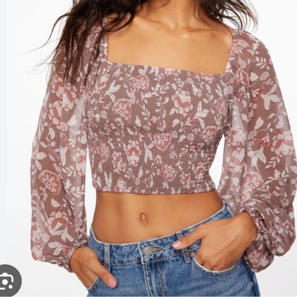 Dynamite Lisbet Smocked floral crop top with Long sheer sleeves